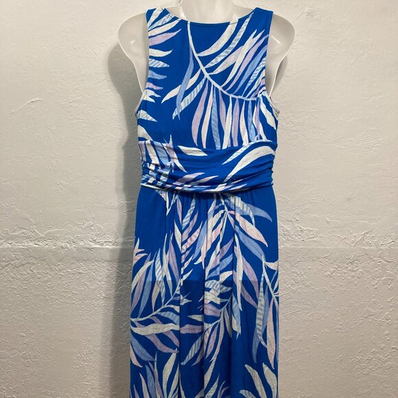 Soma Soft Bra Dress Sleeveless Blue Palm Pockets Wrap Waist Resort Knee Length L - Picture 2 of 11